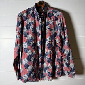 ROWM Long Sleeve Button Down Leaves Navy, Coral/Pink, White Tropical Sz XL